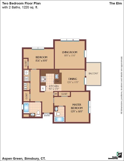 Floor plan for 2 beds, 2 baths, 1218 sqft